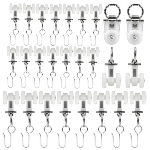Double-Wheel Curtain Track Rollers, 15mm Ceiling Curtain Track Rollers, with Reinforced Hooks (25 Hooks + 25 Rollers) 1