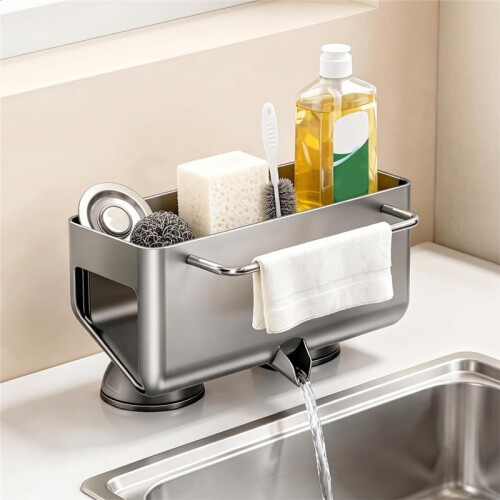 Sponge Holder for Kitchen Sink, 45 Tilted Self Draining Sink Caddys Organizer with Towel Bar, Waterproof Rustproof 1