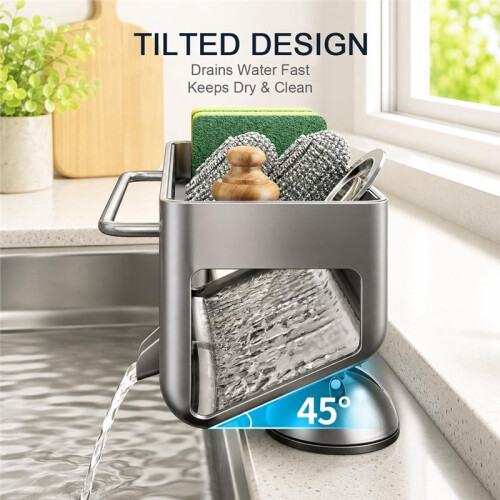 Sponge Holder for Kitchen Sink, 45 Tilted Self Draining Sink Caddys Organizer with Towel Bar, Waterproof Rustproof 2