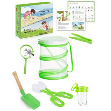 7Pcs Live Butterfly Kit - Cage, Magnifier & Guide, STEM Gift for Kids, Portable Explorer Set Green