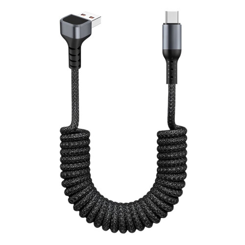 100W Coiled USB A to Type C Cable for Car,90 Degree Spring Retractable Fast Charging Data Cord