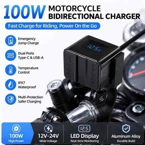 100W Motorcycle Bidirectional Charger Type-C USB Fast Charging  Socket with Voltmeter Display Moto Accessories 1