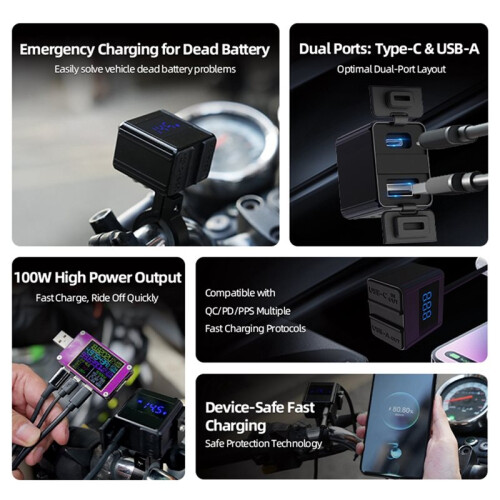 100W Motorcycle Bidirectional Charger Type-C USB Fast Charging  Socket with Voltmeter Display Moto Accessories 2