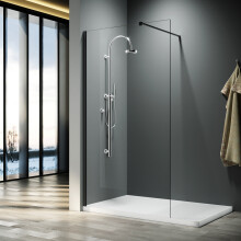 (1200x1900mm) ELEGANT Walk In Shower Screen 8mm Clear Easy Clean Toughened Safety Glass Panel with Black Stainless Steel Support Bars