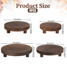 4 Pcs Round Wood Risers Display Stands, Rustic Wooden Riser Holder Tiered Tray Decor for Kitchen Counter, 4 Sizes Brown