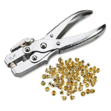 Eyelet Grommet Pliers Kit - 1 Hole Punch with 100 Gold Grommets for Crafts and PU