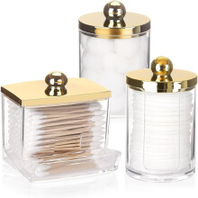 3 Pack Qtips Dispenser - Bathroom Organizers and Storage Containers, Plastic Chemical Container with Gold Lids