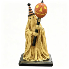 Figurine de Fantôme Vintage Lumineuse avec Bâton Citrouille Lumineux, Décoration D'Halloween Fantôme Patchwork Vintage, pour Cheminée