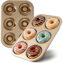Set van 2 Antiaanbak Donutvormen, 6 Holtes, Stevige Stalen Bagelvorm, Ovenbestendige Donutbakplaat (Goud, 6 Cupjes)