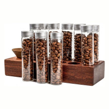 Single Dose Coffee Bean Storage Tubes Coffee Bean Cellar 10 Pcs Dosing Glass Vials with Lids (2 Oz) Wooden Display Stand