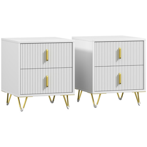 2-Piece White & Gold Fluted Bedside Tables
