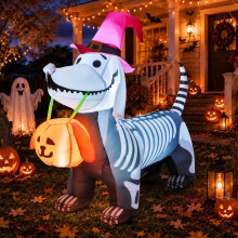 GOOSH 5.5FT Halloween Inflatable Skeleton Puppy LED Pumpkin Yard Decor Indoor Outdoor