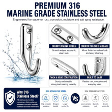 6 Pack 316 Stainless Steel Wall Hooks , Heavy Duty Marine Grade Utility Coat Hooks for Indoor Outdoor Garage Kitchen
