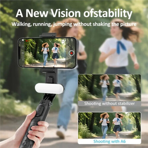 A6 1-Axis Handheld Gimbal Stabilizer Fill Light W/ Selfie Stick/Tripod Wireless Remote Rechargeable USB Charging Vlog 2