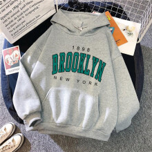 (Apricot, 5xl) Fleece Hoodie Women Oversized Pullover Brooklyn Print Couple Sweatshirt Warm Winter Top