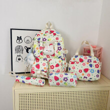 (purple, Has a pendant) Cute Cartoon Printed Student Backpack Large Capacity Lightweight Travel Bag Set of 4