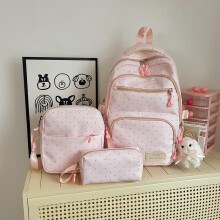 (white, With pendants) Candy Color Polka Dot Backpack for Women Students Cute Bookbag 3 Piece Set Japanese Style Large Capacity Travel Daypack