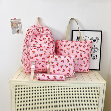 (pink) New Large Capacity Strawberry Backpack for Girls Students Cute Casual Durable School Bag Set of 4