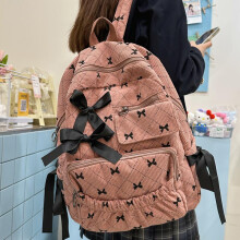 (grey) New Corduroy Casual Cute Fashion Versatile Bow Stripe Backpack Korean Style High Appearance Student Bookbag