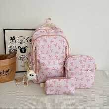 (white, Has a pendant) Bowknot College Style Backpack for Teenage Girls Large Capacity 3-Piece Set Simple Durable School Bag