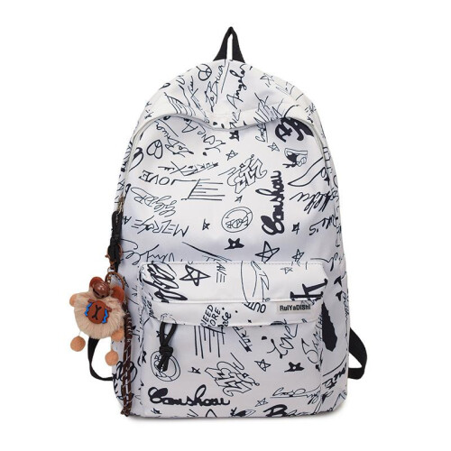 (Black - style two) Graffiti Backpack Large Capacity Casual Simple Textured Laptop Bag for Elementary Middle High School Students
