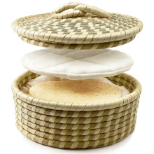 9.6" Handwoven Seagrass Tortilla Warmer Basket with Lid & 2 Washable Cotton Liners for Tortillas Roti Pancake Flatbread
