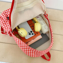 (Red, 30L with pendant) Cute Dachshund Backpack Korean Cartoon School Bag Large Capacity College Style Student Bookbag Plaid Casual Daypack