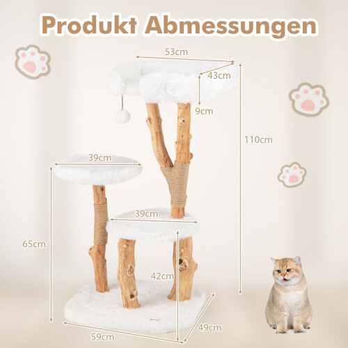 Wood Cat Tree with Plush Seat, 2 Platforms & Jute Posts