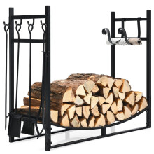 Support à bois de chauffage robuste et ensemble d'outils avec supports à bois d'allumage et pelle 91x33x76cm noir