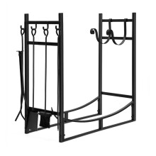 Support à bûches en métal robuste et ensemble d'outils porte-bûches avec pelle 76x33x76cm noir