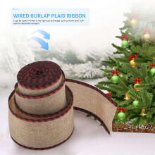 Plaid Wired Ribbons Christmas Burlap Fabric Ribbon Wrapping Ribbon Rolls with Checkered Red