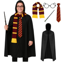 5pc Adult Wizard Costume Cape, Wand & Glasses Halloween Costume for