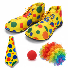 4PCS Clown Costume Set Clown Shoes Wig Red Nose Bow Tie Adjustable Fancy Dress Outfit For Halloween Carnival Circus Themed Parties