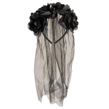 Halloween Zombie Bride Black Veil With Flowers Fancy Dress Accessory