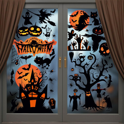 Halloween Window Stickers, Castle Bat Ghost Pumpkin Scary Halloween