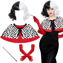 4 Pcs Black White Spotted Costume Set Wig Cape Gloves Halloween Fancy Dress