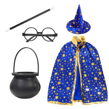 5pcs Adult Wizard Halloween Costume Witch Cloak with Hat Witch Cauldron Magic Wand Glasses for Cosplay Party