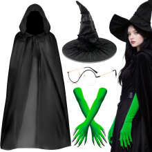 Witch Costume Accessories Set for Women, Witch Fancy Dress with Cape Witches Hat Green Gloves with Claws Wicked Glasses for Halloween Cosplay Dress Up