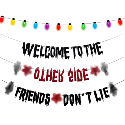 4PCS Spooky Themed Banner Set, Glitter Party Decorations with Welcome