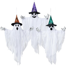 3 Pack 24.8" Hanging Ghost Decorations, Halloween White Ghost with Hats for Haunted House Graveyard Scene, Spooky Indoor and Outdoor Decor