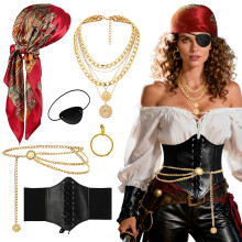 6 Pcs Pirate Costume Accessories for Women, Pirates Bandana Neckalce Earrings Corset Waist Chain Eye Patch for Carnival Halloween Cosplay Party