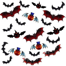 24 Pcs Halloween Bats, 3D Wall Stickers, Black Red PVC Pumpkin Bats, Halloween Decorations for Indoor/Outdoor