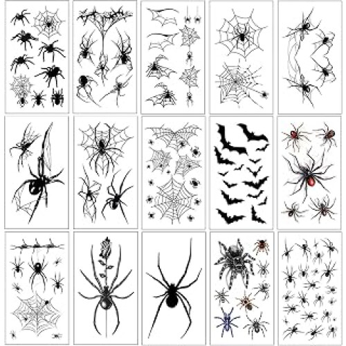 15 Sheets Halloween Spider Web Temporary Tattoos Bat Spider Web