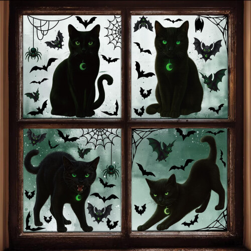 4Sheets Halloween Decorations Window Stickers Black Cat Horror Gothic