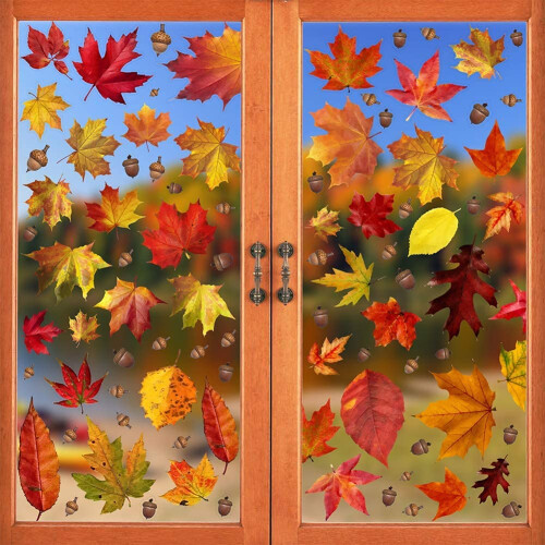 6 Sheet Autumn Fall Maple Leaves Window Clings Sticker For Thanksgiving Maple Decorations