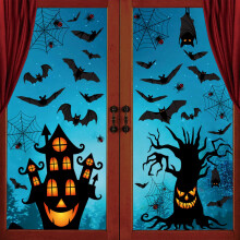 63PCS Halloween Window Stickers Clings Double-Sided Reusable Decor | No Glue Ghosts, Bats, Pumpkins for Bay Windows & Doors (A4 Sheets, Weatherproof)