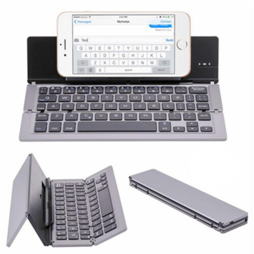 (Grey) Folding Wireless Keyboard with Phone Holder Lightweight Practical Quiet Keyboard for PC Laptops Tablets