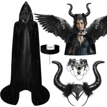 Evil Queen Devil Cape Costume for Women, Long Horns Hooded Cloak