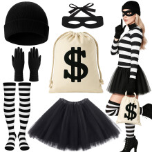 6Pcs Women Robber Costume Set, Girls Burglar Outfit with Tutu Skirt