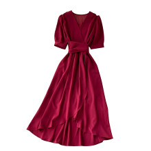 (Wine Red) Womens Wrap V Neck Dresses Short Puff Sleeve A-Line Dress for Outdoor Office Performances Masquerade